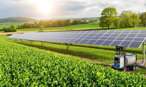 Solar panels powering an irrigation system in a green agricultural farm